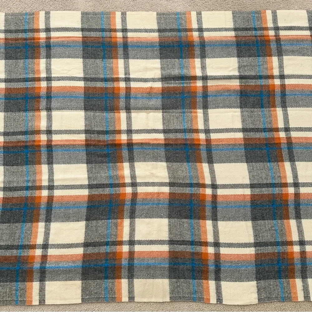 Oversized Fall Plaid Cozy Heavyweight Blanket Scarf - Cream Orange Blue Grey